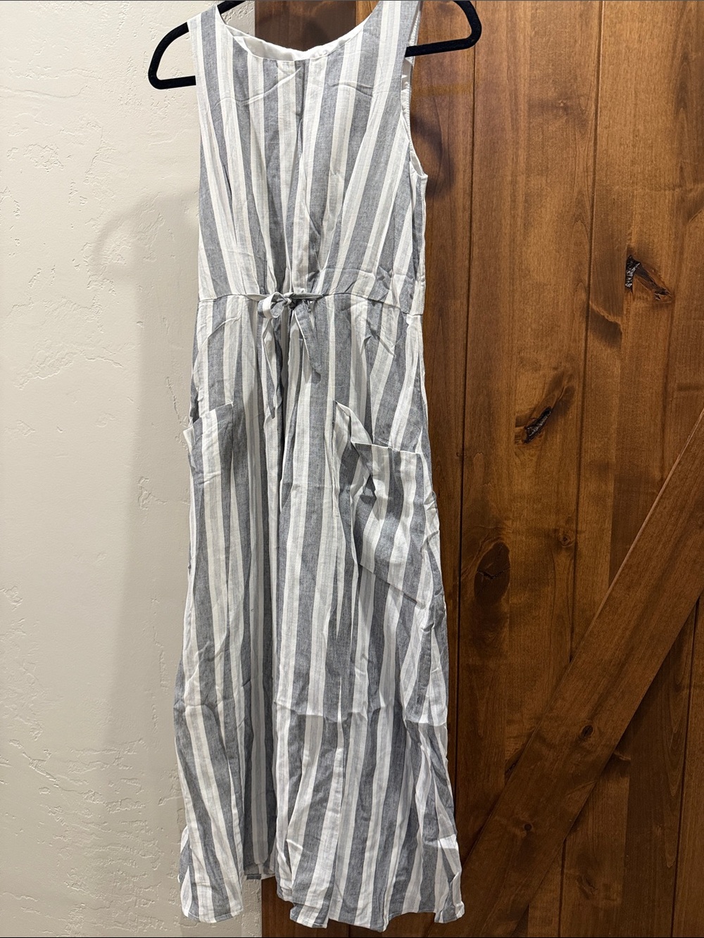 Striped Sleeveless Maxi Dress with Drawstring Waist - White and Light Blue